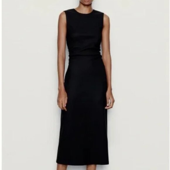 NWT. Zara Black Draped Side Fitted Midi Dress. Size M. - Picture 1 of 5